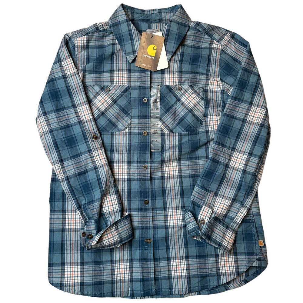 NWT Carhartt Shirt Womens Small Blue Flannel Plaid Cotton Workwear Button Up